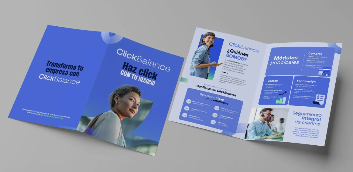 ClickBalance brochure featuring the claim Haz click con tu negocio