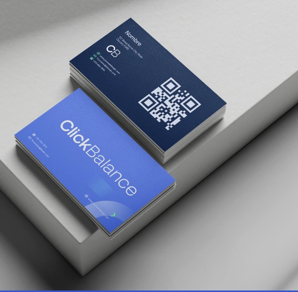 ClickBalance business cards in blue and navy